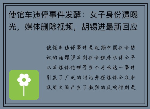 使馆车违停事件发酵：女子身份遭曝光，媒体删除视频，胡锡进最新回应